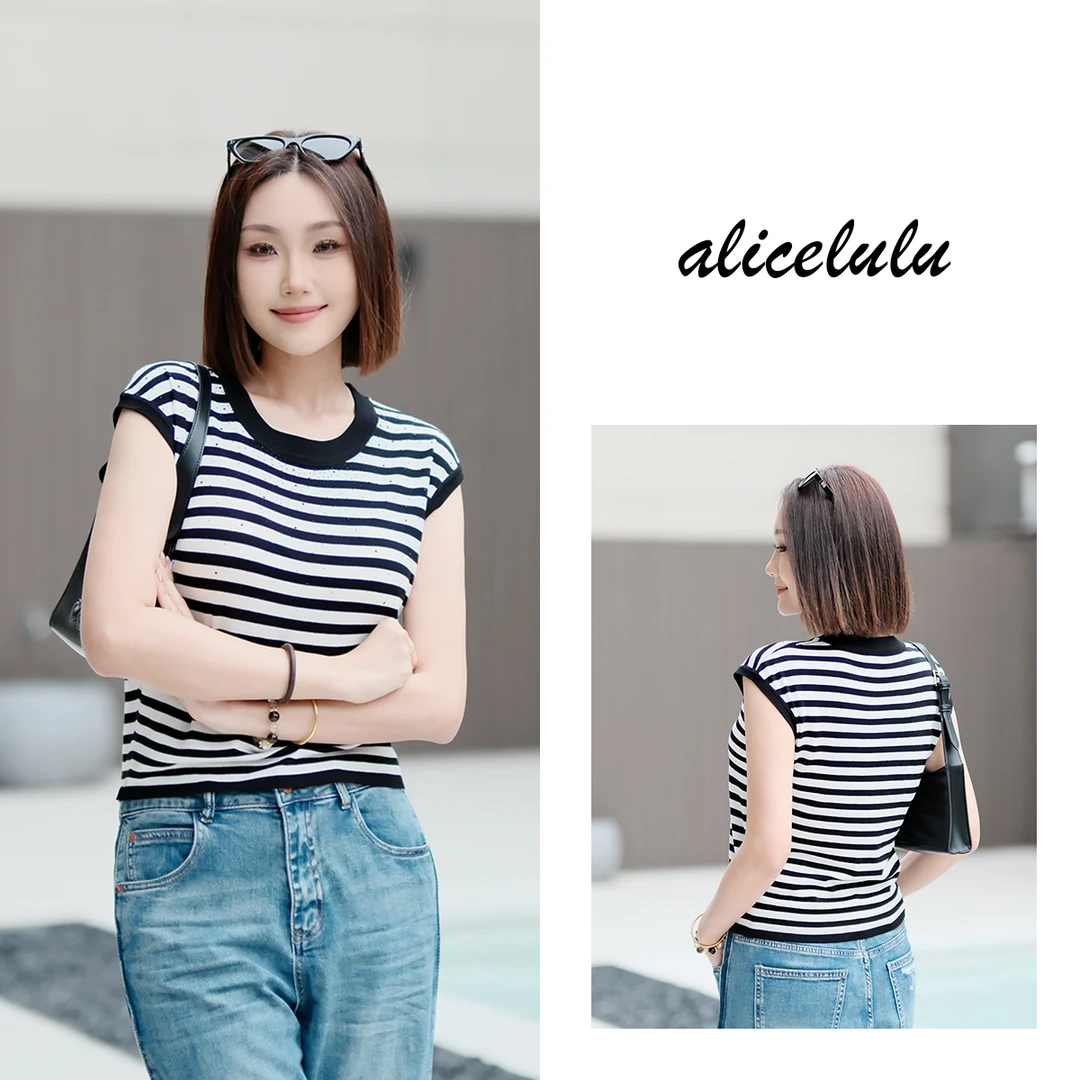 6 ALICE百搭精品背心 简约条纹 精美贴钻 S2142051T