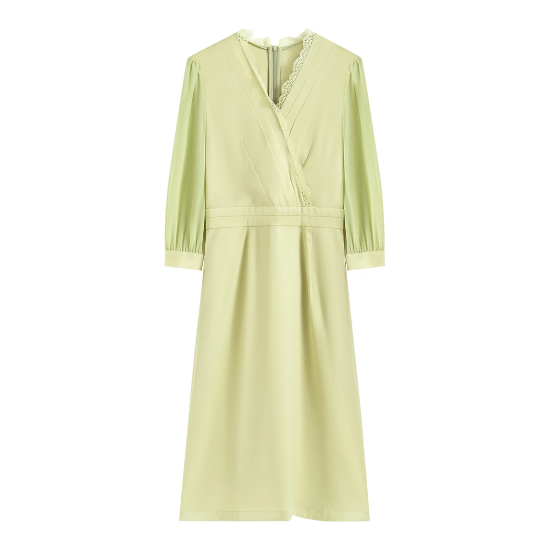 【南油虹姐】浅黄系温柔风V领蕾丝点缀 七分袖修身显瘦长款连衣裙