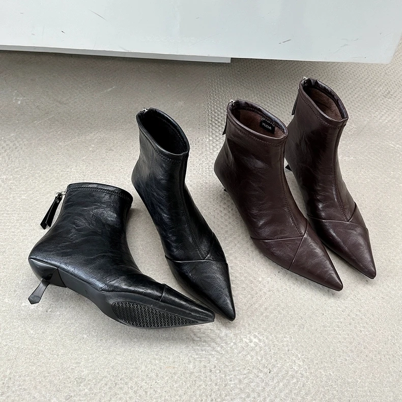 尖头细跟时装靴2025秋季欧美风新款中跟短靴冬款气质简约切尔西靴