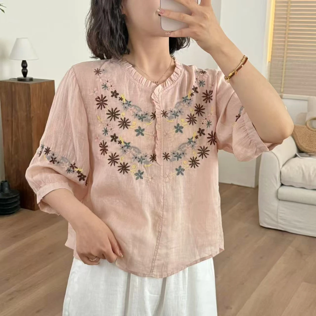 常樂家2025夏季新款花边圆领纯苎麻重工刺绣单排扣小衫950