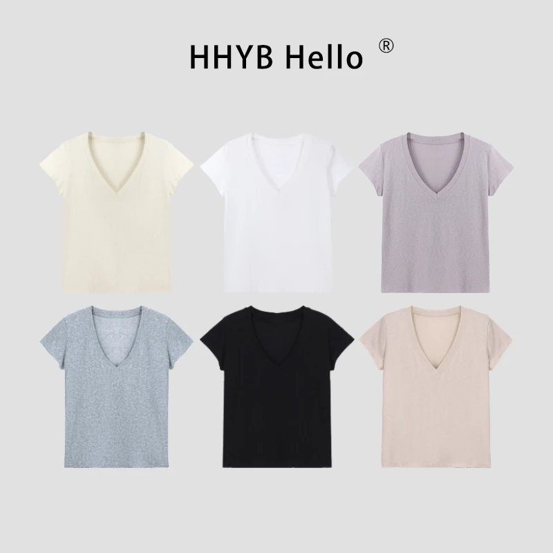 HHYB HelloV领雪花宽松纯色百搭短袖T恤2025夏季新款上衣女250222