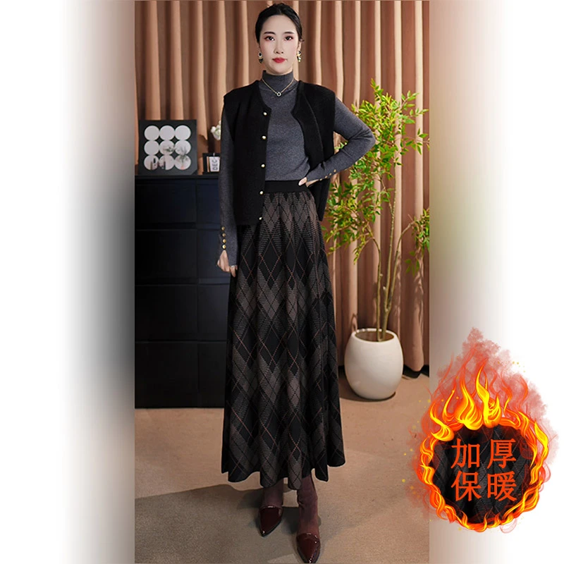 青丘加厚菱形格子毛线半身裙女秋冬2025新爆款显瘦针织长裙到脚踝