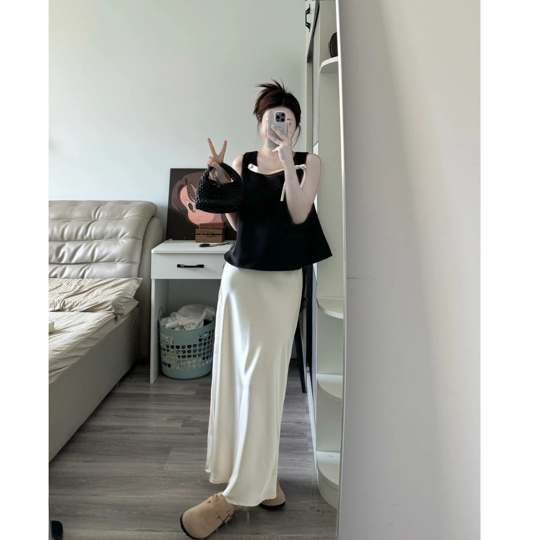 2025秋季新款修身显瘦休闲百搭无袖上衣气质时尚高腰A字半身长裙