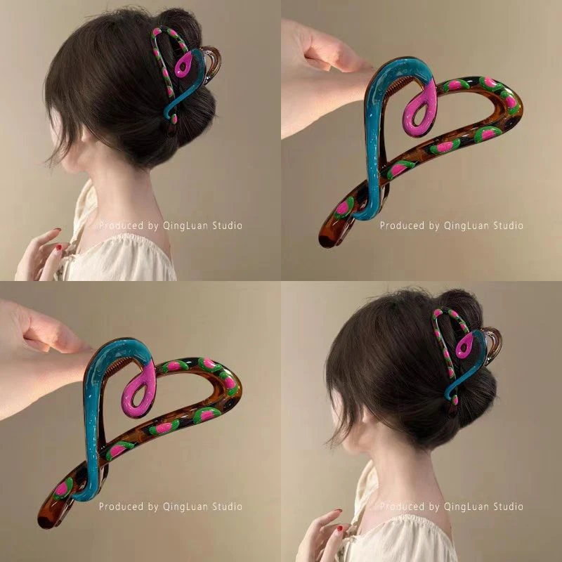 韩系设计感撞色爱心抓夹女2025新款大号鲨鱼夹后脑勺发量大盘发夹