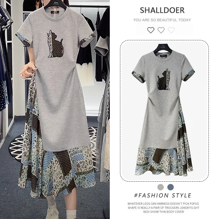 韩版女装设计感小猫图案修身夏季拼接短袖连衣裙女轻奢风2025新款