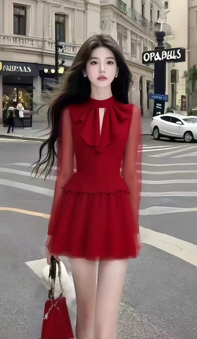 秋季时尚温柔轻熟风红色圆领长袖修身上衣+红色百搭半身裙两件套