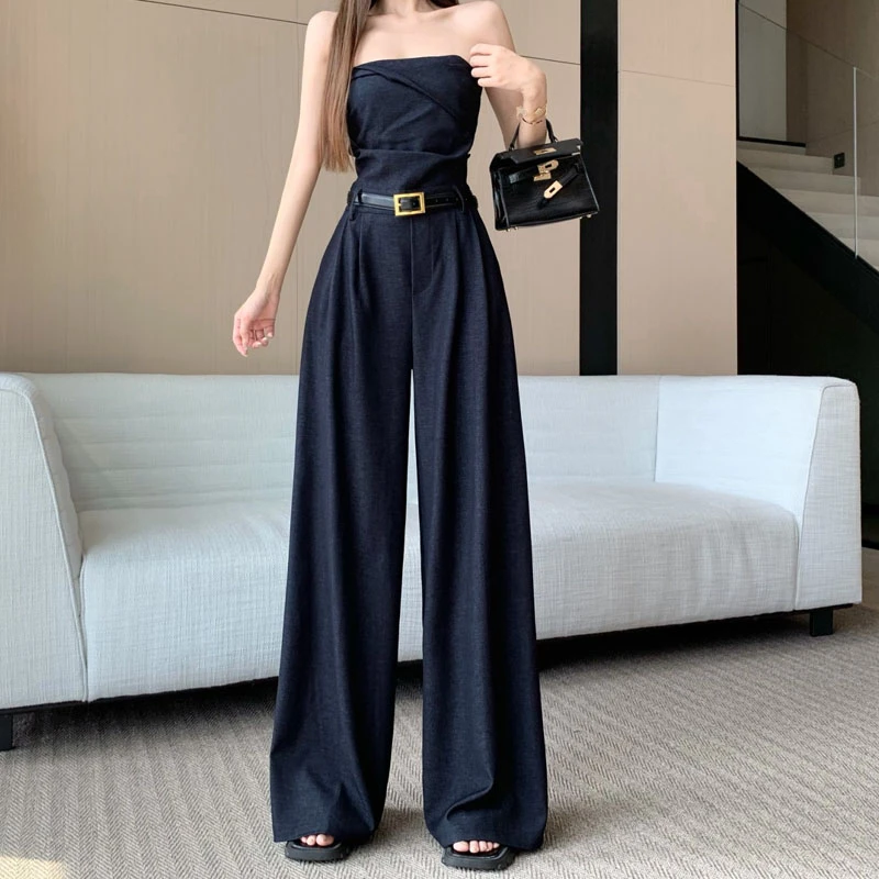 纯欲辣妹性感抹胸连体裤女夏季新款设计感收腰显瘦直筒休闲拖地裤