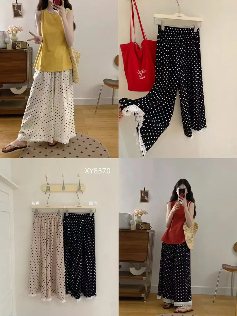 JUNXI@XY8570 法式设计感甜美高腰蕾丝拼接波点休闲阔腿裤 7-11