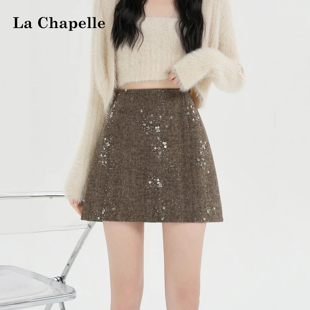 拉夏贝尔灰色亮片毛呢半身裙女秋冬款高腰显瘦a字短款小香风短裙