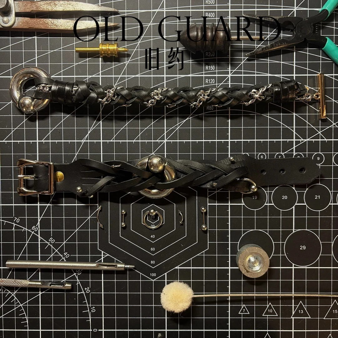 OLDGUARD旧约-手链-真皮定制手工牛皮编织金属男士饰品复古手环