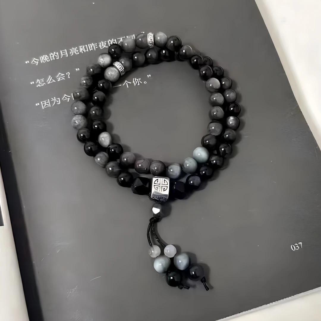 钛钢玻璃手链 墨影耀夜双圈手工如墨琉璃珠黑色国风男女通用复古