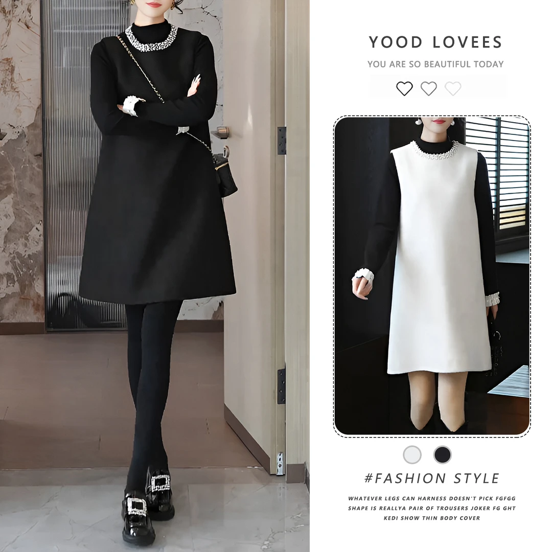 2025秋冬新款气质半高领花边拼接打底衫钉珠马甲连衣裙轻奢两件套