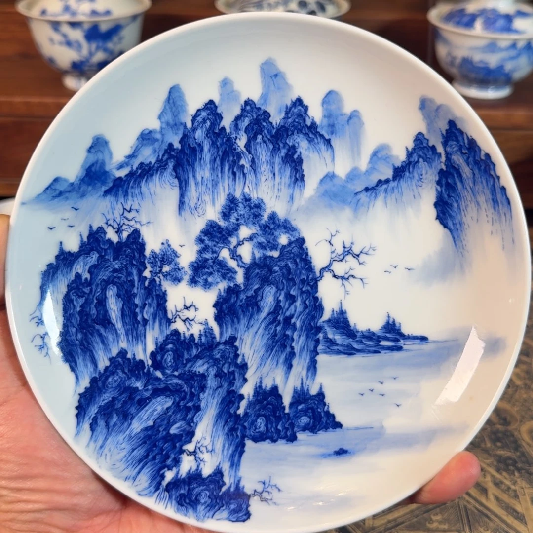 景德镇全手工手绘青花山水壶承