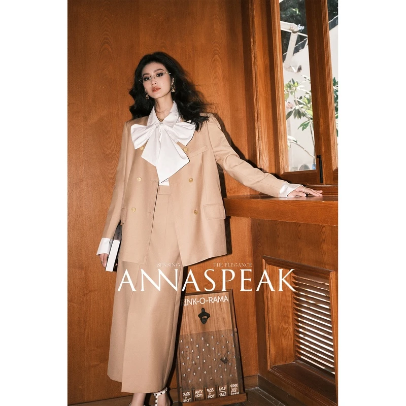 ANNASPEAK摩登老钱风重工珠针精纺羊毛西装外套/开叉半裙秋季