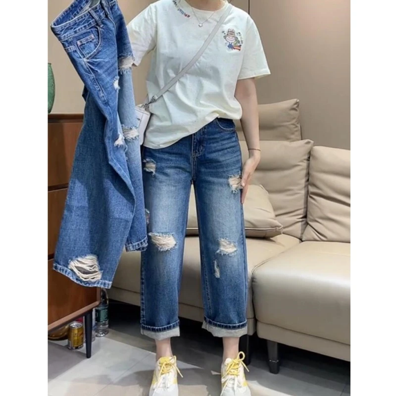 2025秋季新款大码九分高腰时尚炸街破洞牛仔裤女小个子显瘦直筒裤