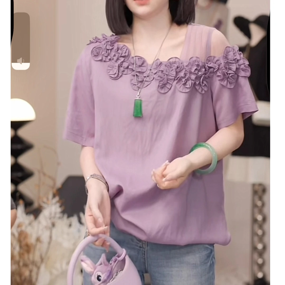 夏日炎炎法式温柔花瓣领口T恤女2025新款时尚拼蕾丝短袖上衣7284