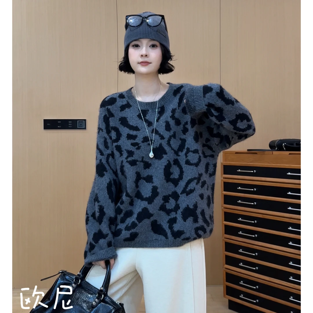 欧尼私服 2025冬季新款美拉德豹纹针织衫慵懒风套头毛衣2511C7511
