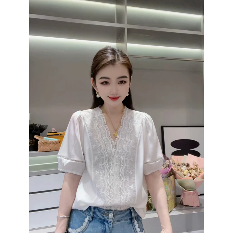 【蕾丝波浪绣花】CHUN家时尚百搭夏季宽松桑蚕丝双乔上衣