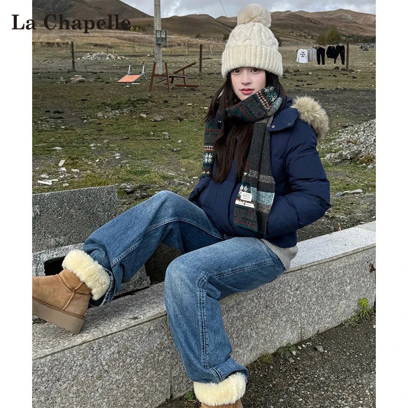 拉夏贝尔复古蓝加绒牛仔裤女秋冬季高腰显瘦慵懒风直筒窄版阔腿裤