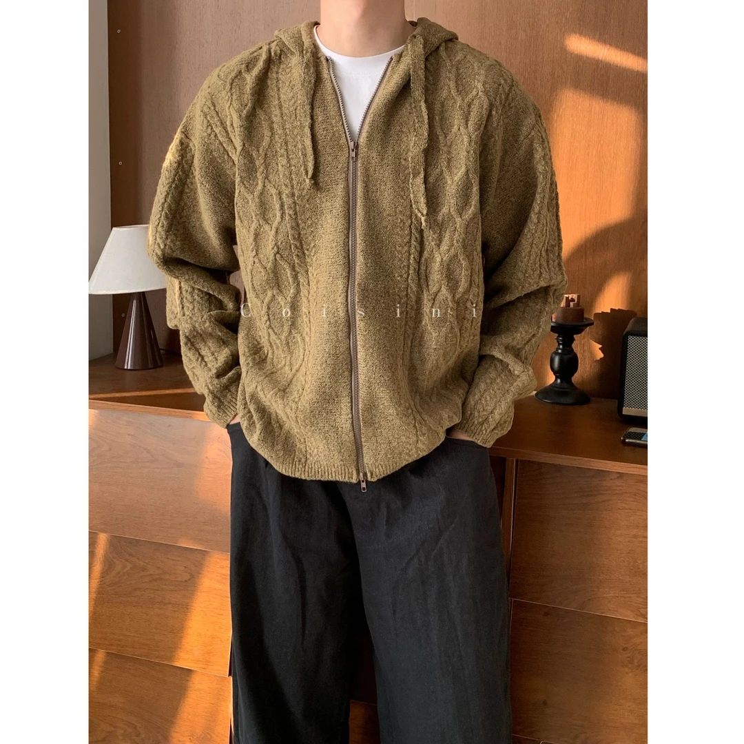 【NO退NO换】Coisini/秋冬加厚连帽咖色毛衣设计感麻花针织衫外套
