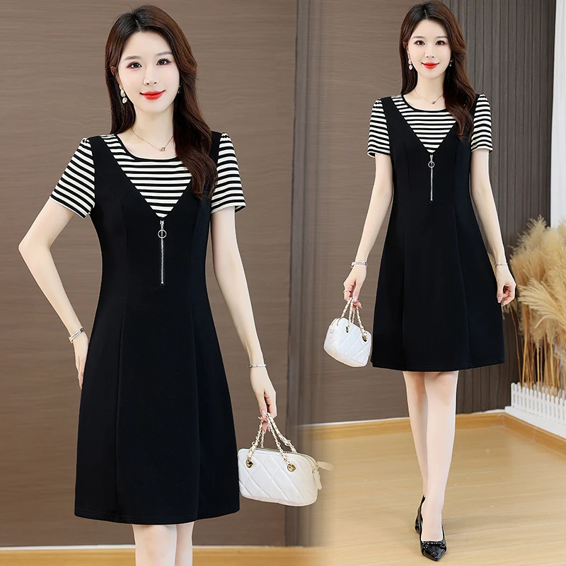 2025夏季新款时尚减龄显瘦短袖条纹假两件小个子a字连衣裙女休闲