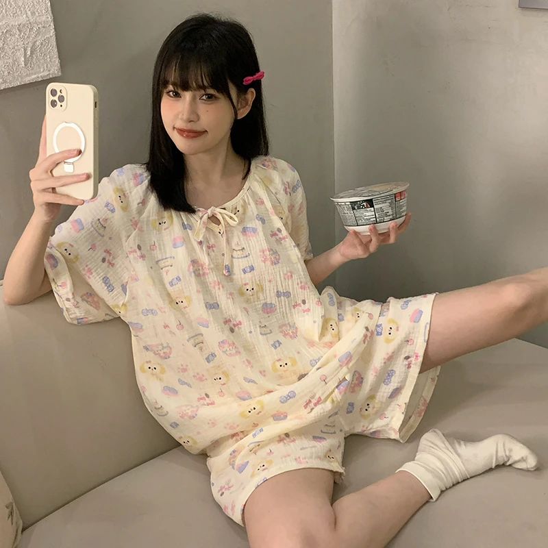 【宅家女孩】夏季套头睡衣女纯棉短袖薄款ins学生夏棉纱家居服套装