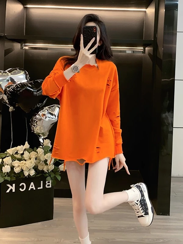 2025秋季新款宽松圆领中长款春秋设计感上衣潮美式复古破洞卫衣女