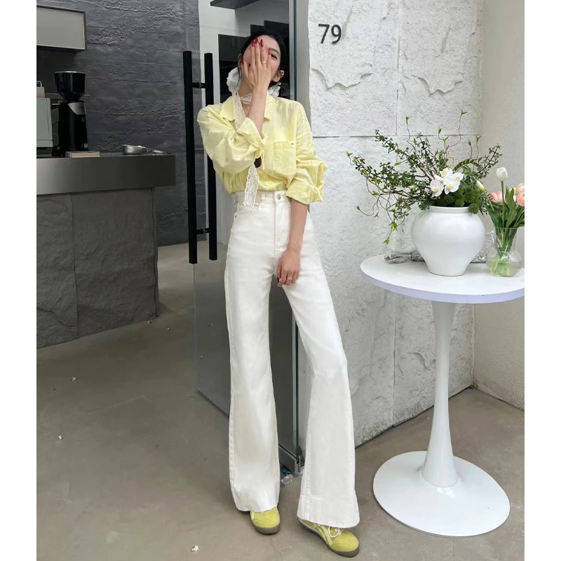 乔栈白色微喇阔腿牛仔裤女款爆款2025新款高腰宽松显瘦直筒拖地裤