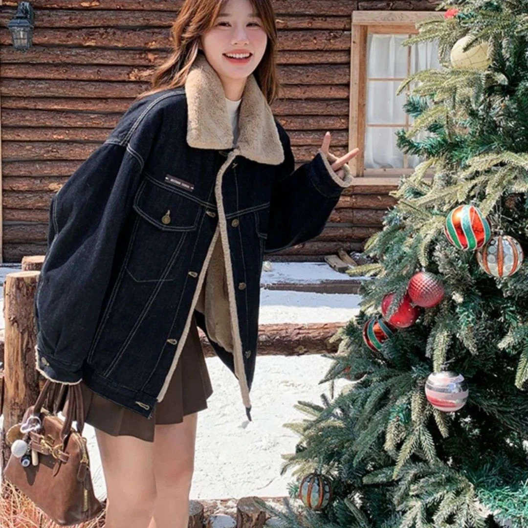 牛仔羊羔毛外套女冬2025新款设计感宽松休闲流行炸街加厚派克棉服