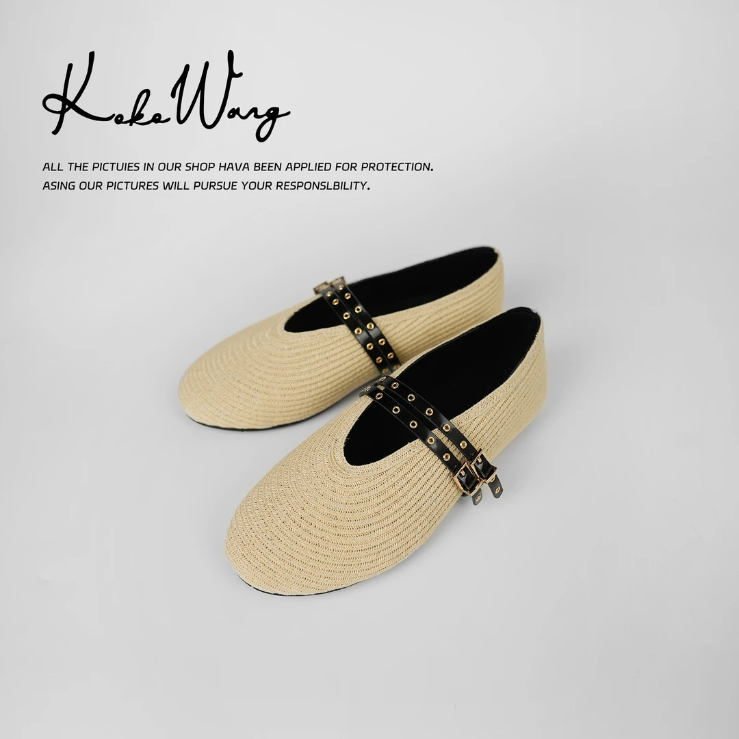 KOKOWANG度假风草编渔夫鞋双扣浅口平底玛丽珍单鞋544344L10X32