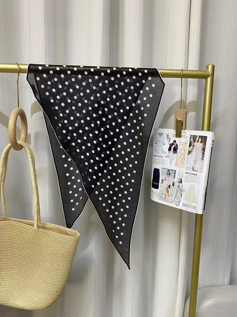 丝棉丝巾【黑白波点·丝棉】优雅百搭穿搭神器花边菱形巾126x28cm