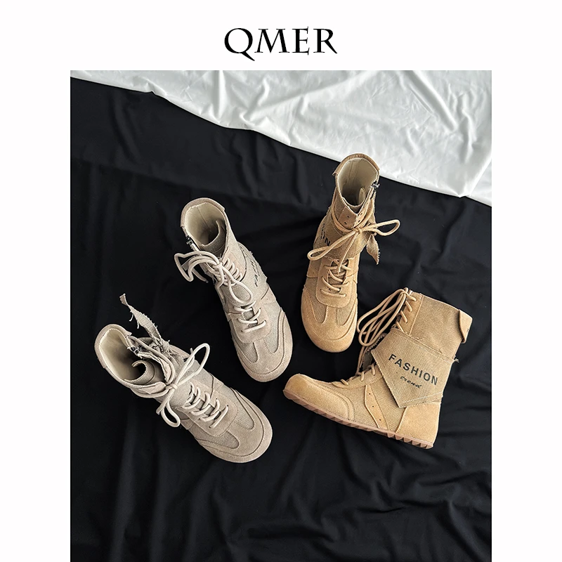 秋美儿潮芒果头平底内增高短靴女夏季薄款西部牛仔靴百搭时尚系带