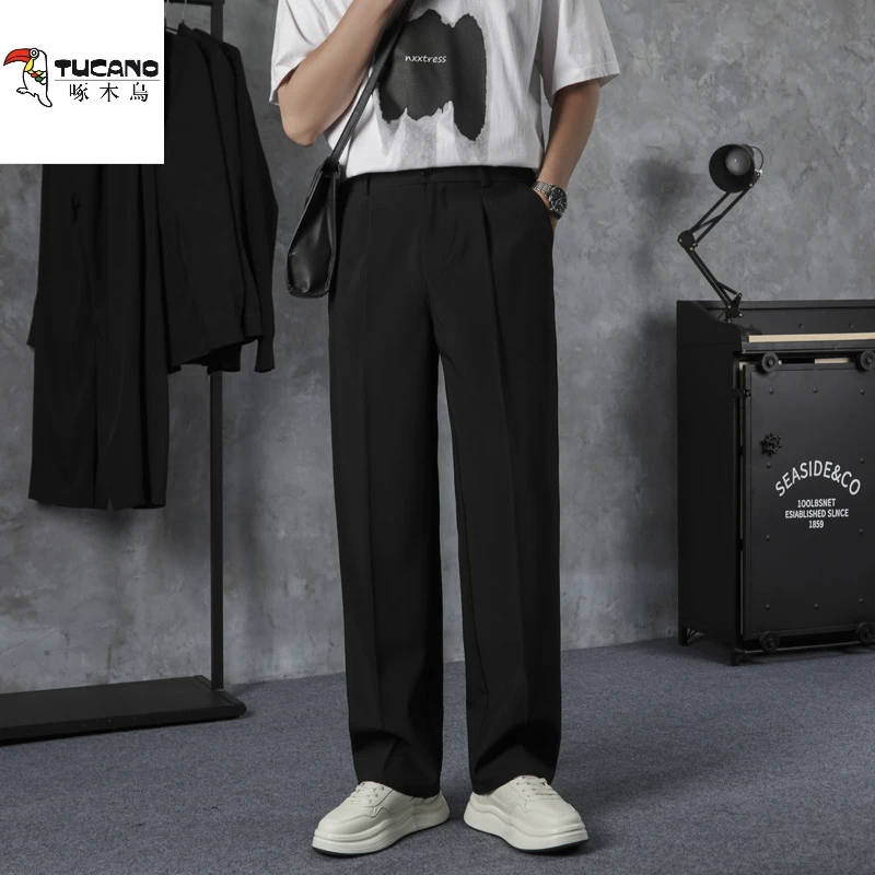 啄木鸟2025爆款长裤黑色小西裤男直筒宽松垂感长裤男士休闲西装裤
