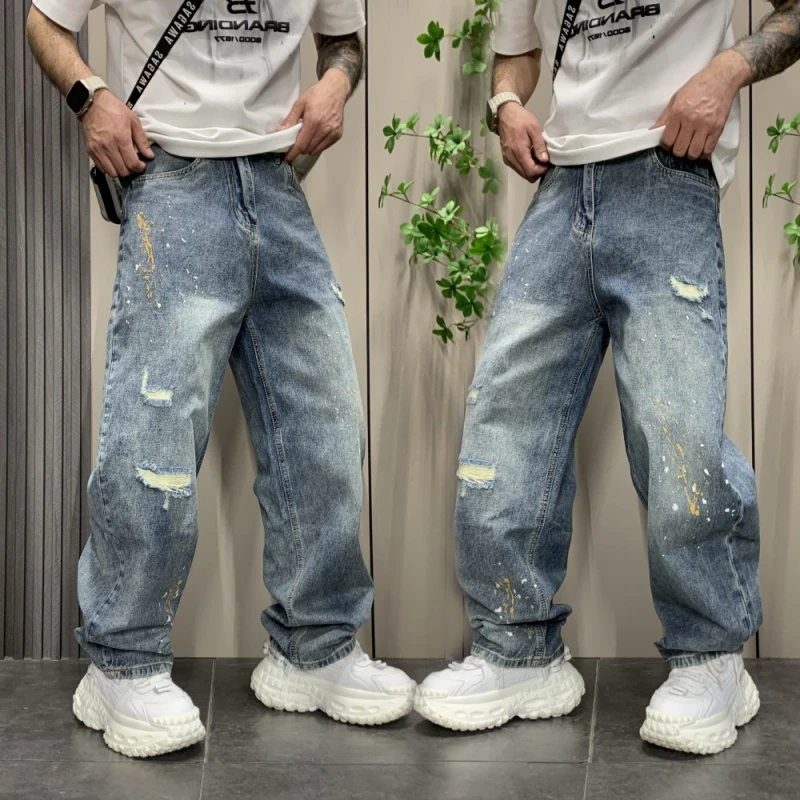 2025新款美式复古水洗做旧破洞牛仔裤男宽松直筒阔腿休闲长裤潮流