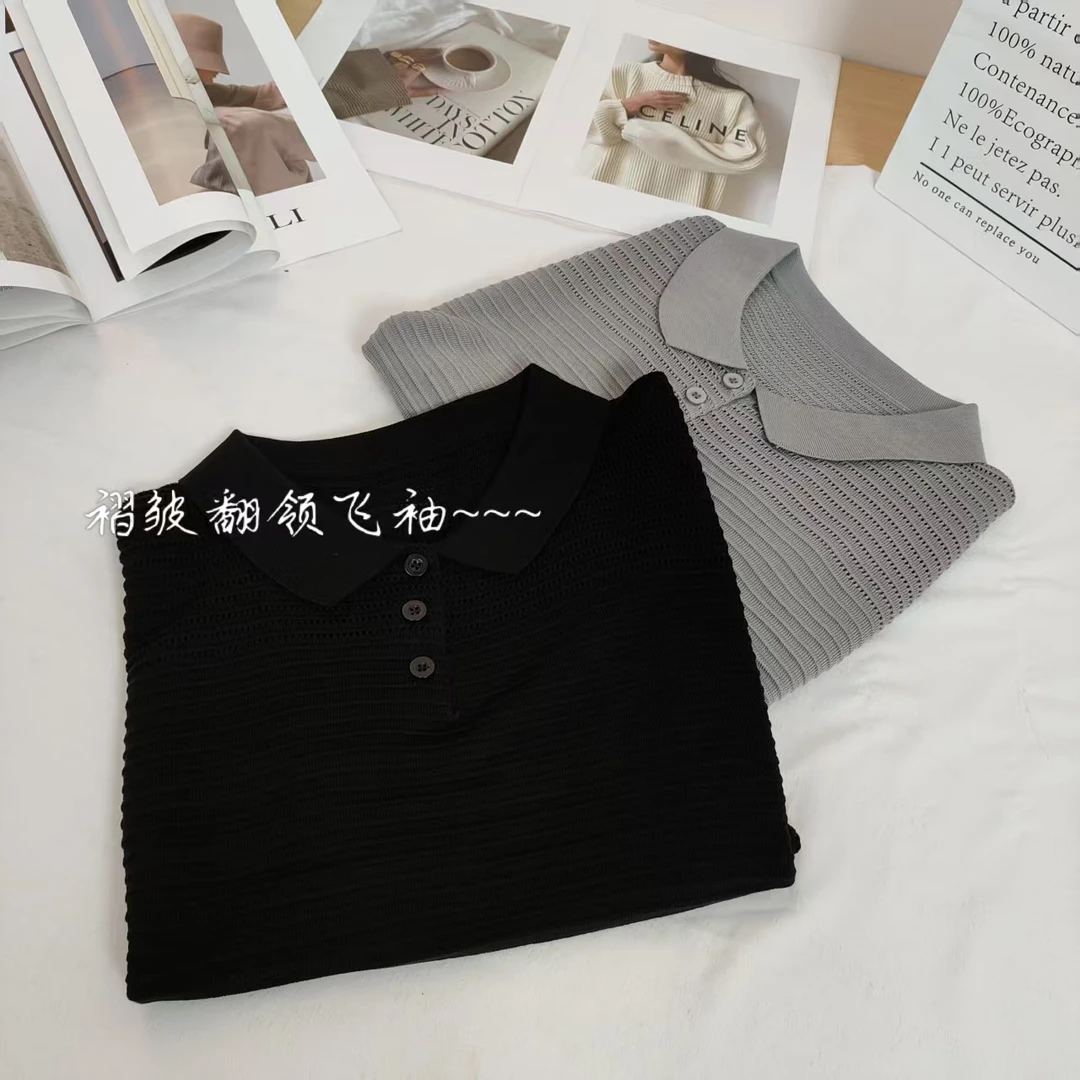 【倩倩精选】夏季时尚百搭气质纯色POLO领镂空飞袖针织衫A118#