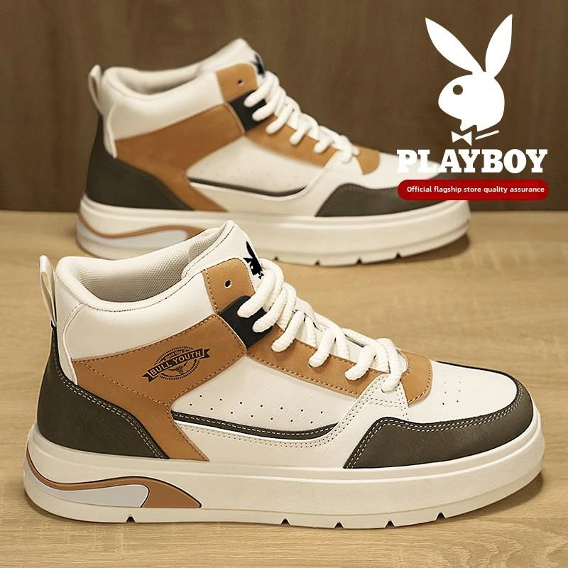 花花公子男士秋复古厚底运动鞋中帮马丁靴白色防滑耐磨休闲运动鞋