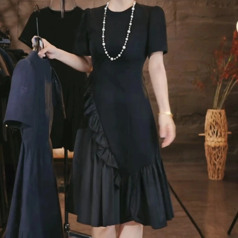 【原创大码设计师款】夏季新款不规则拼接荷叶边连衣裙5479