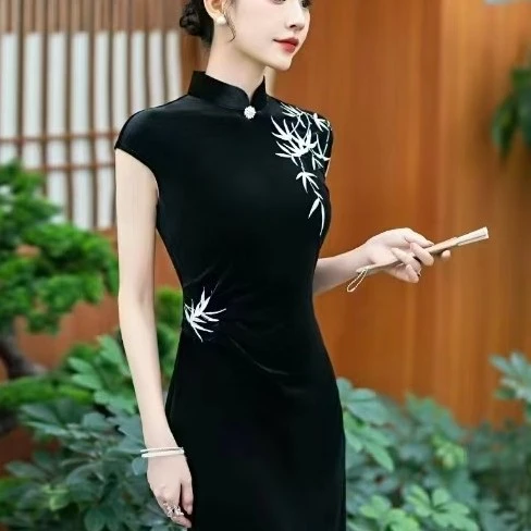 25年新款复古刺绣旗袍裙，黑色经典大气尺码齐全M一4xL码