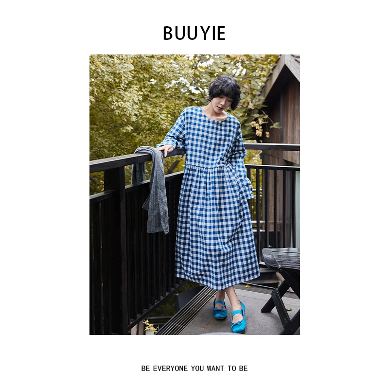 BUUYIE 25SS【山霭】复古休闲宽松蓝白格子长袖连衣裙 250814