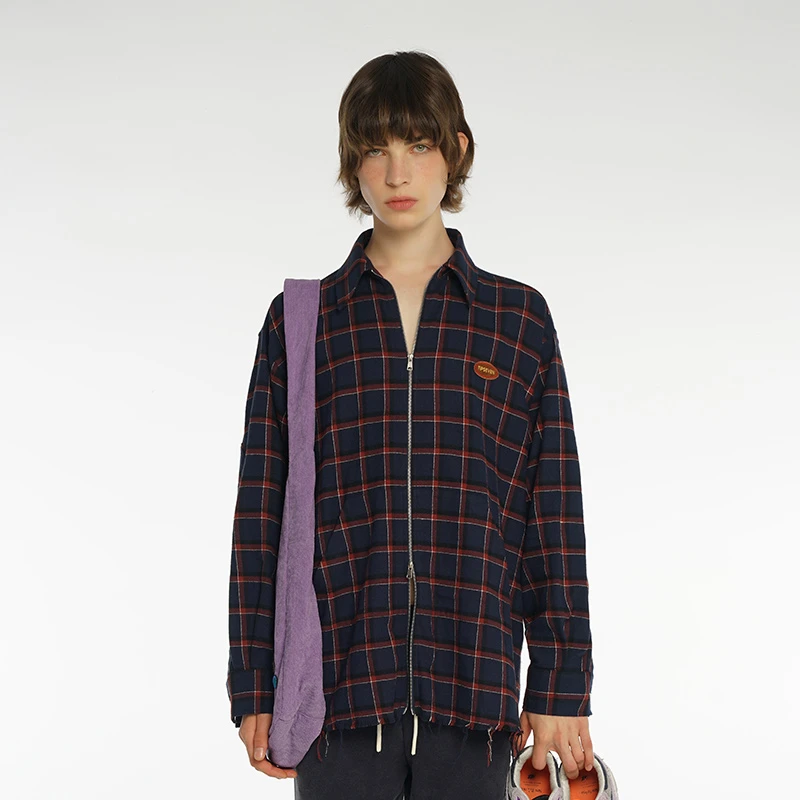 TIPSEVEN 原创设计撞色刺绣小标格子拉链长袖衬衫外套休闲宽松新