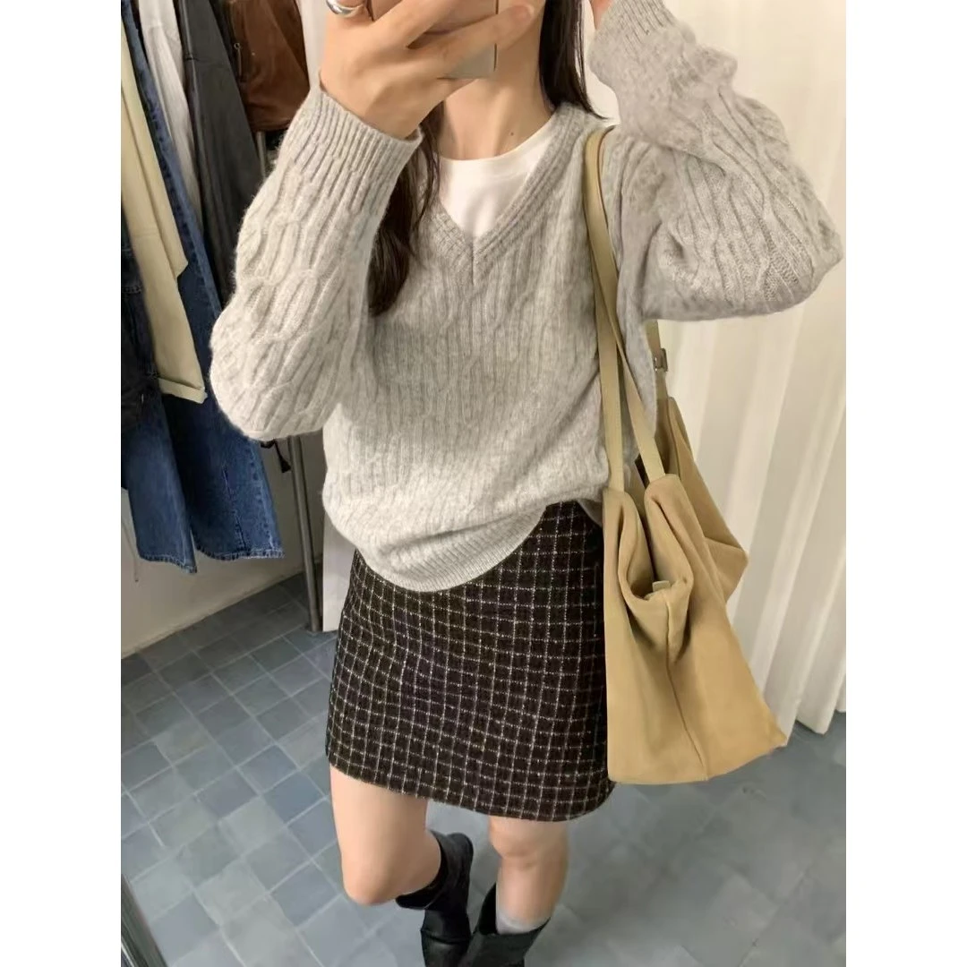 L-23733#『20%羊毛』韩系高腰显瘦呢料格子短裙（裤子内里）（福利）