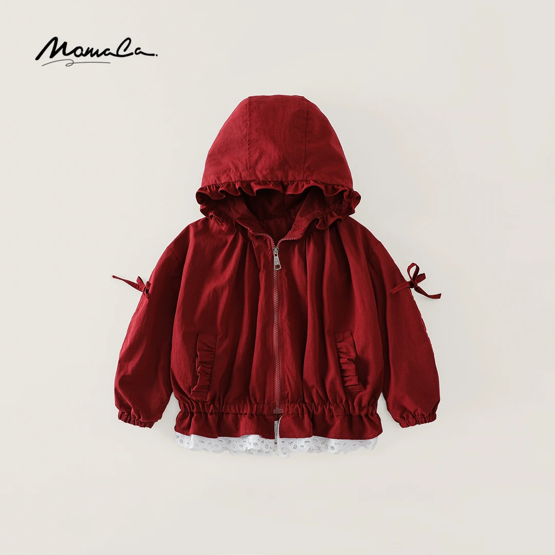 MOMOCO2025新款秋季女童洋气波尔多红蕾丝边连帽外套77730138026