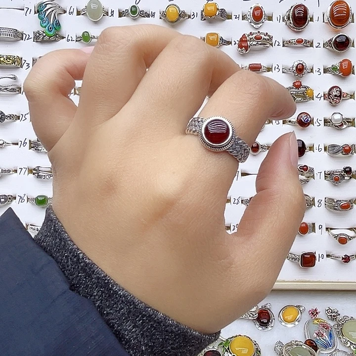 血珀戒指银S925镶嵌天然