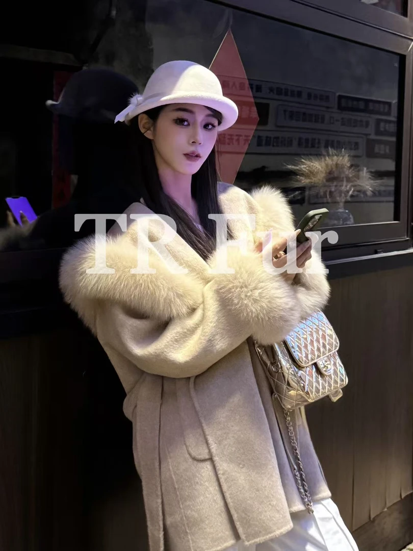【TR】"雪山妲己" 狐狸毛连帽网红双面呢大衣女高级感皮草毛呢外套