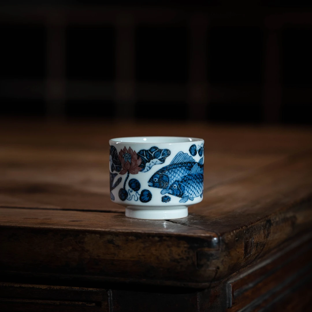 【搏泥幻化】青花釉里红鱼藻小号直口杯 60cc 瓷器茶周边