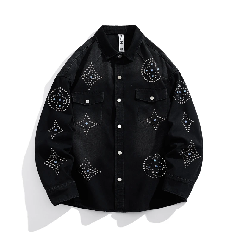 老钱风美式重工艺时尚复古烫钻牛仔长袖衬衫男士牛仔裤直筒宽松