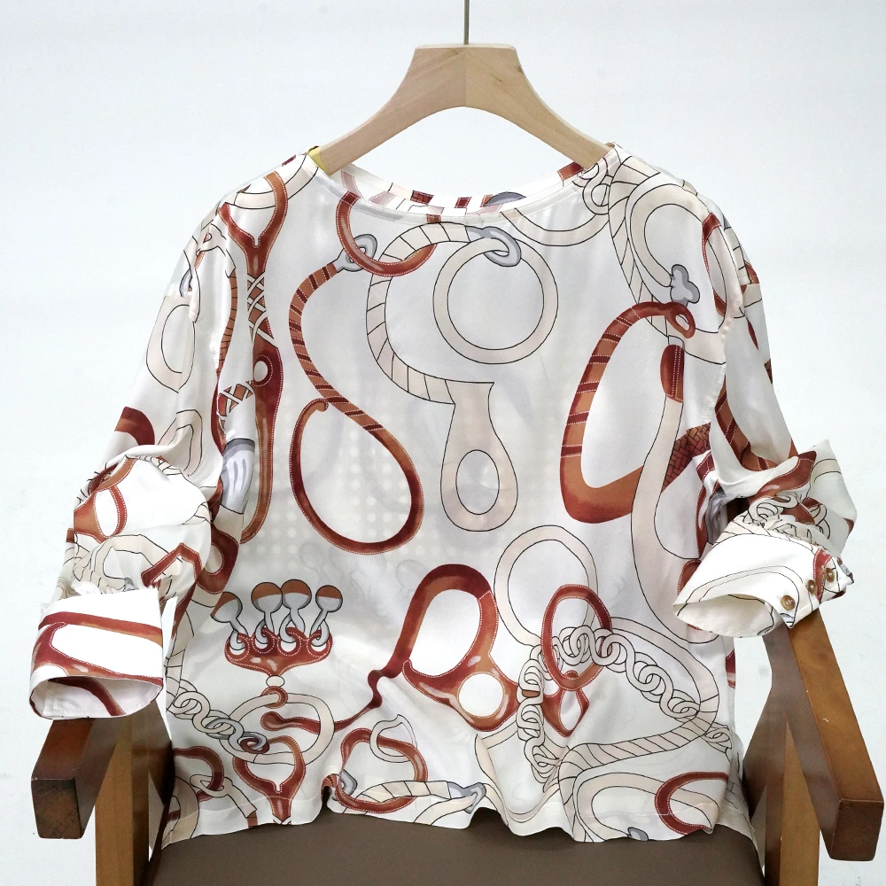 桑蚕丝一字领印花灯笼袖长袖衬衫宽松显瘦衬衫825089