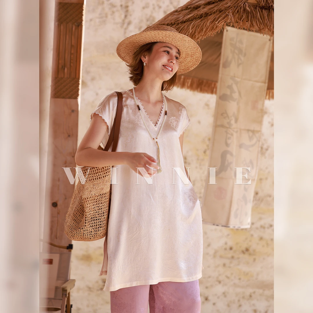 新中式100%醋酸精密压褶牡丹提花开衩流苏边连衣裙上衣