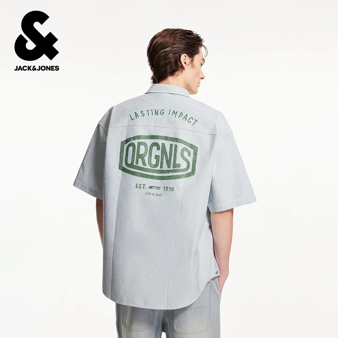 杰克琼斯男装秋季新款时尚刺绣印花尖领条纹宽松休闲短袖衬衫上衣