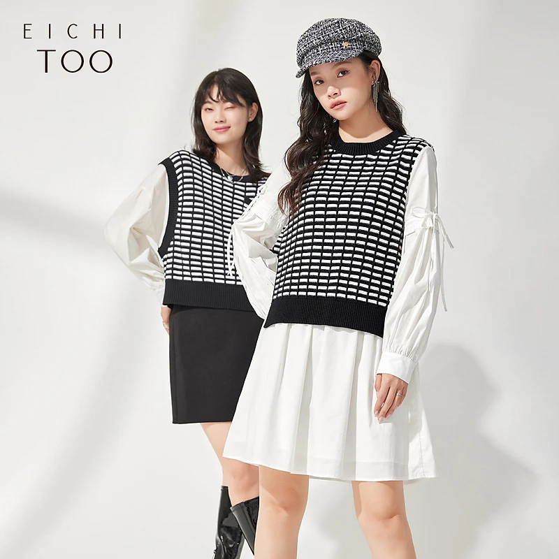 爱居兔经典黑白撞色假两件针织衫连衣裙EQLSJ3M003A